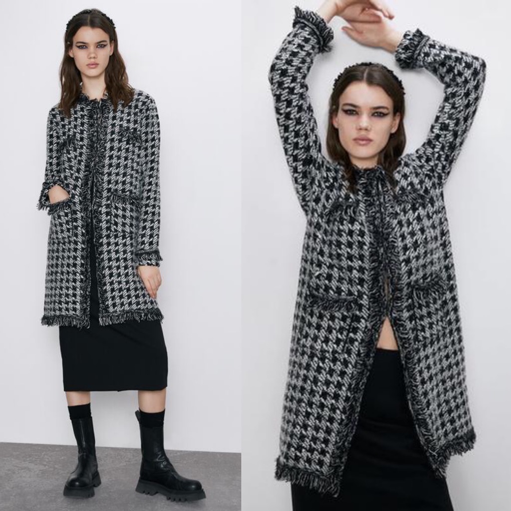 Zara Houndstooth Tweed Fringe Hem Fuzzy Jacket Blazer Cardigan Black/Grey New